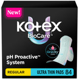 Kotex paquete frontal mostrando 84 toallas y beneficio de reposición