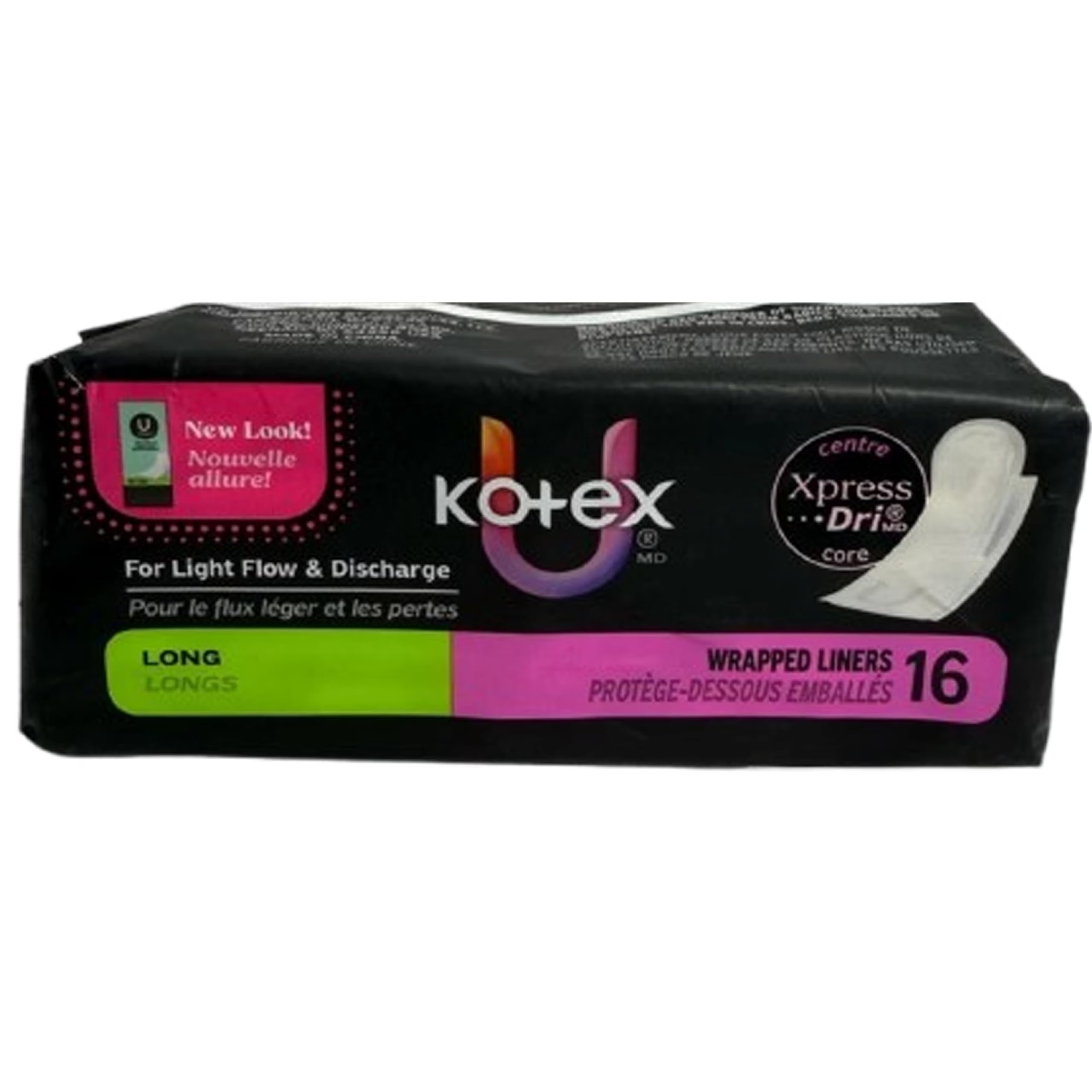 Kotex protector largo visto desde arriba con adhesivo para fijación segura