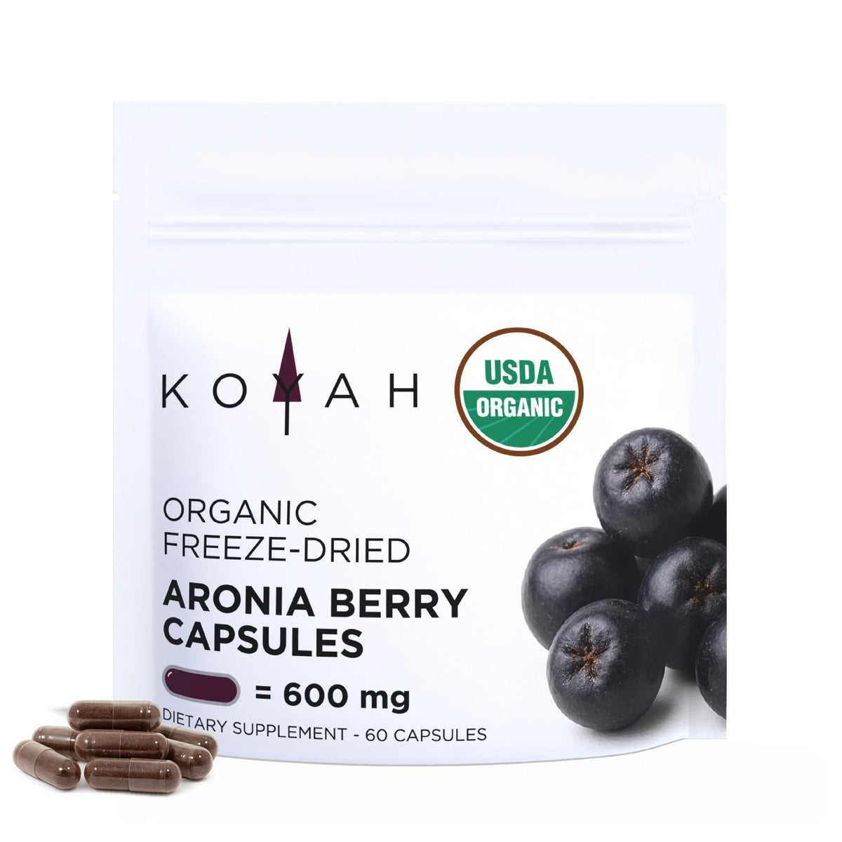 KOYAH frasco frontal del producto mostrando el diseño y cantidad de cápsulas
