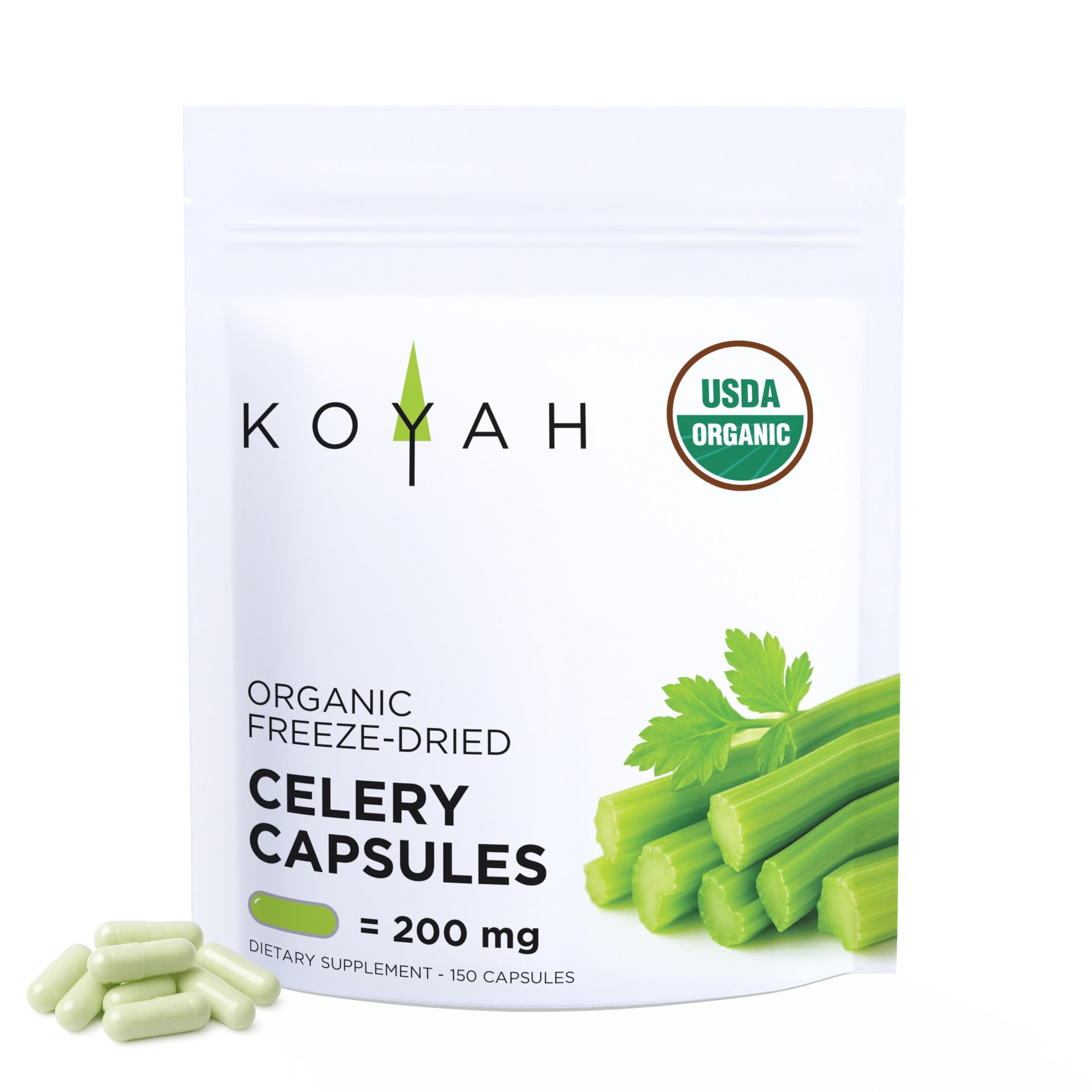 KOYAH envase frontal de cápsulas de apio orgánico, conveniente y puro