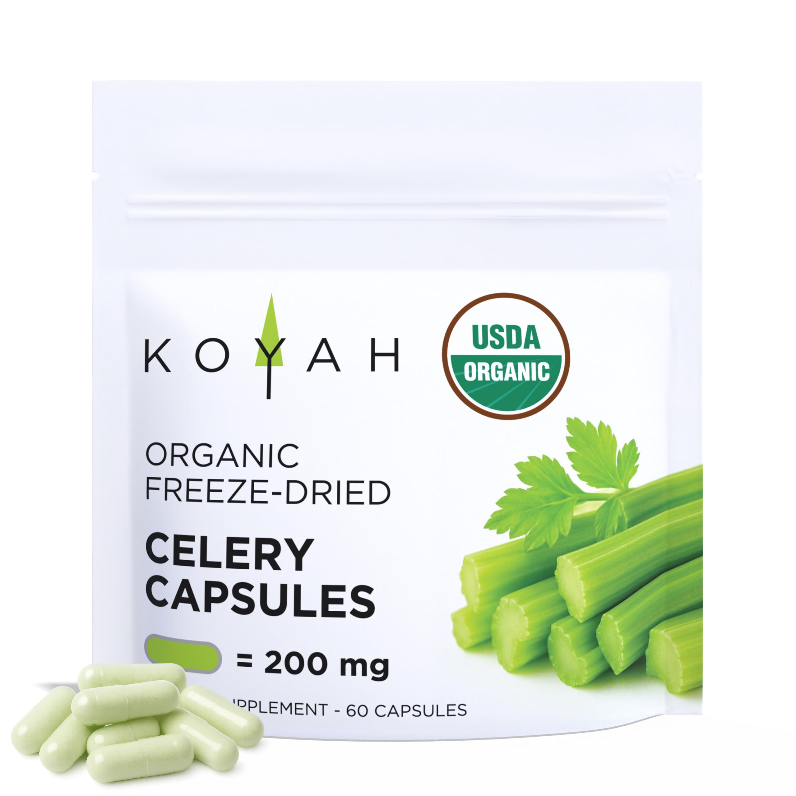 KOYAH envase frontal de cápsulas de apio ecológico, muestra claridad de ingredientes