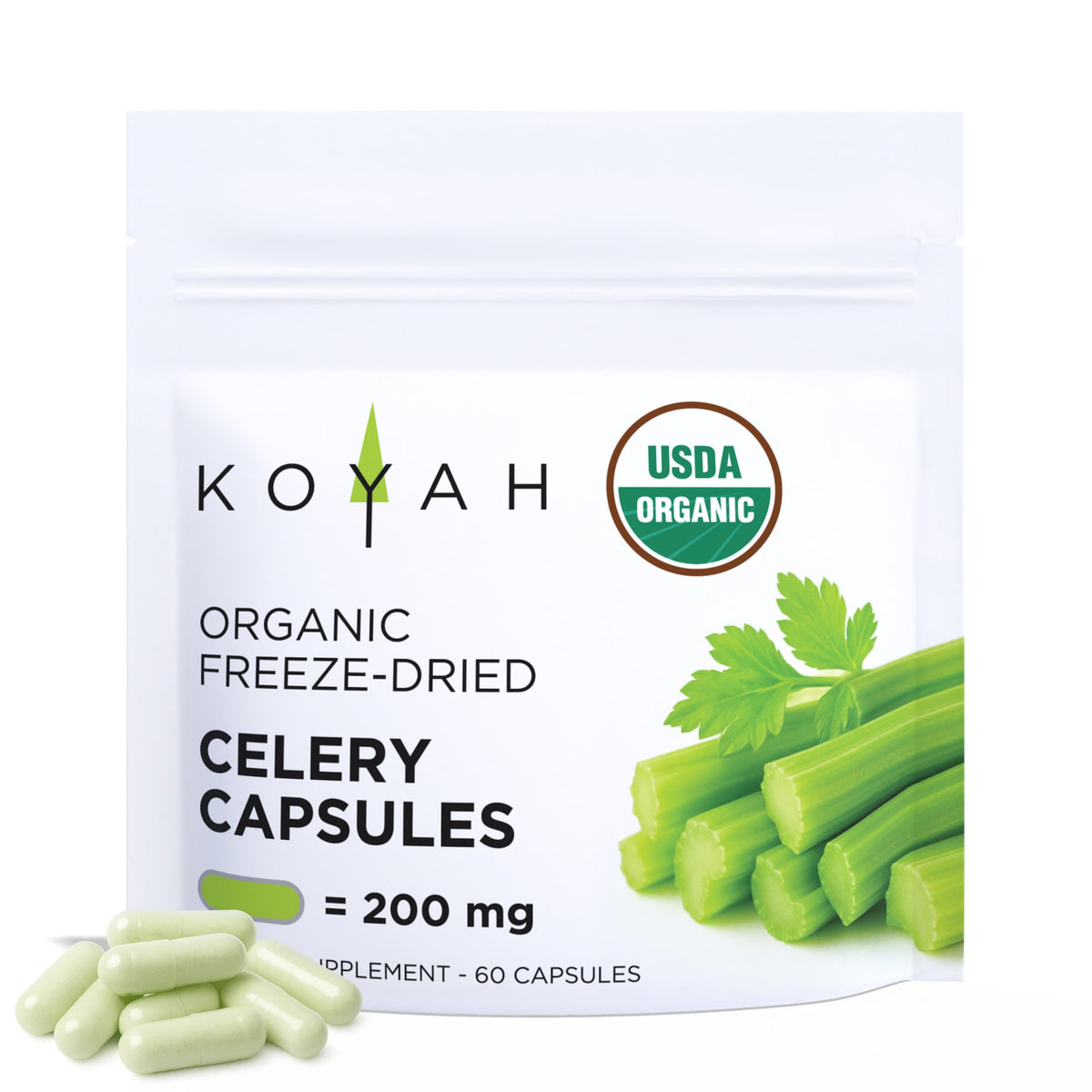 KOYAH envase frontal de cápsulas de apio ecológico, muestra claridad de ingredientes