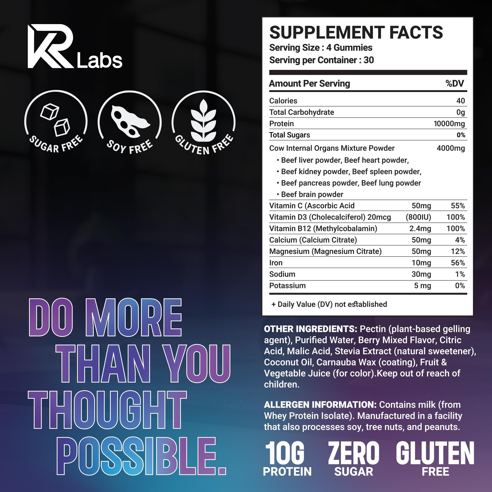 KR Labs primer plano textura suave de gomitas, fácil de masticar