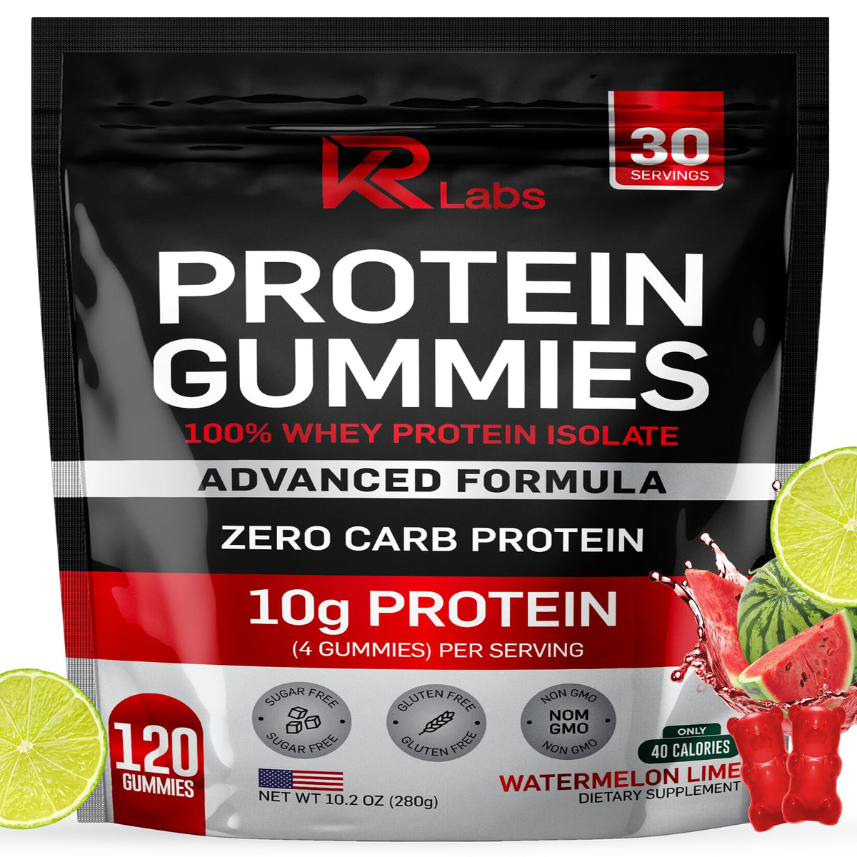 KR Labs envase frontal mostrando 120 gomitas y beneficios prácticos