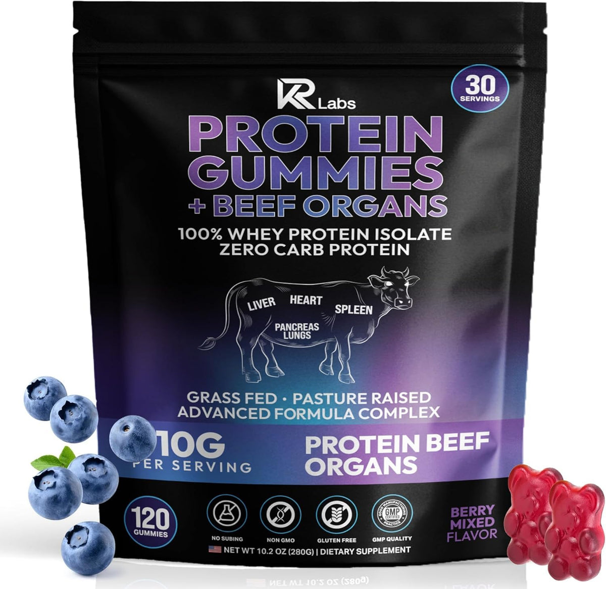 KR Labs paquete frontal con gomitas proteicas, muestra conveniencia