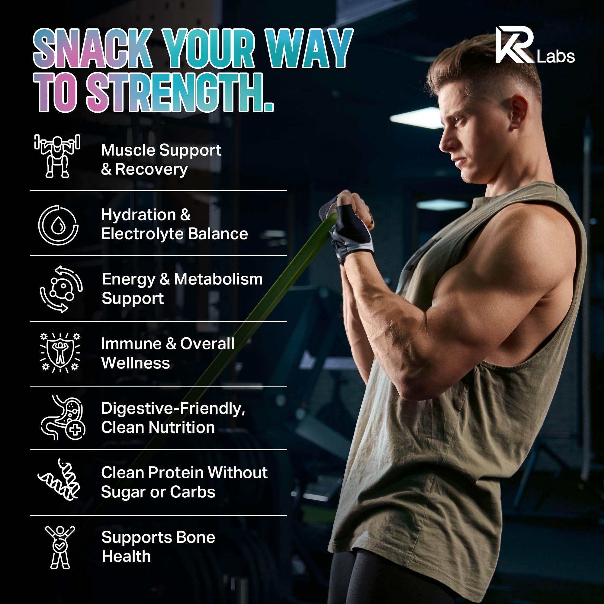KR Labs etiqueta nutricional mostrando proteína, electrolitos y cero carbohidratos