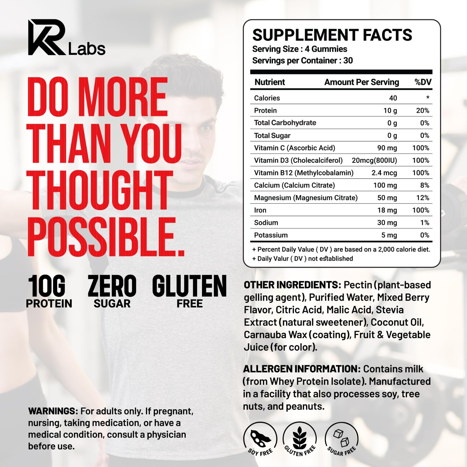 KR Labs porción de 4 gomitas en mano para control de dosis