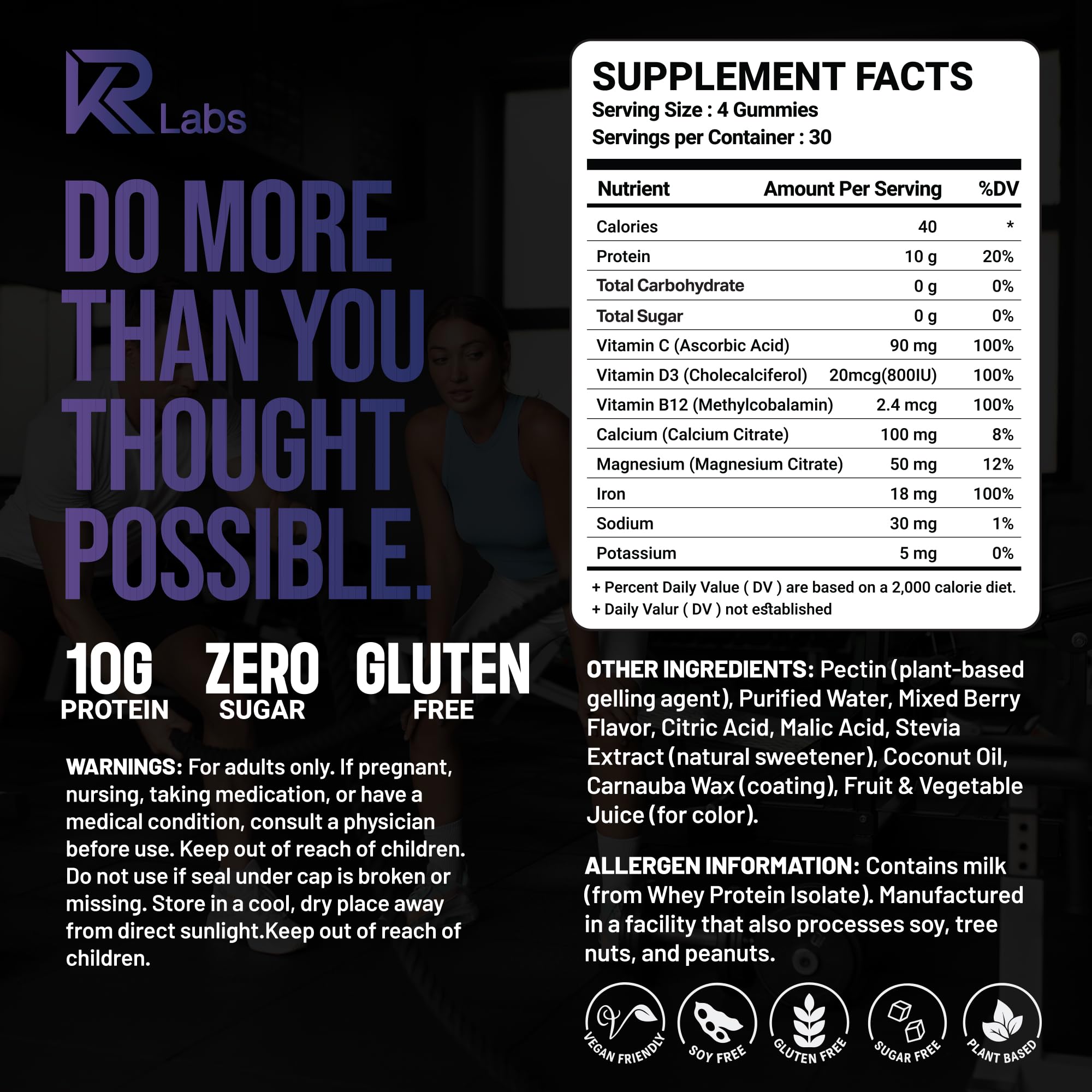 KR Labs porción de cuatro gomitas en mano lista para consumir