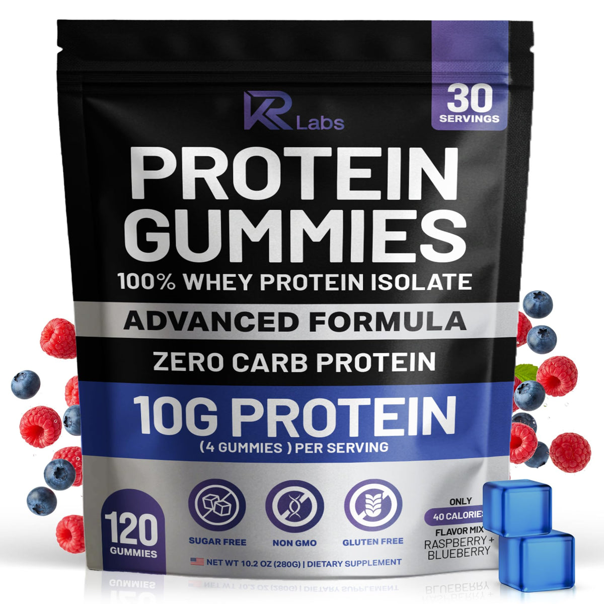 KR Labs empaque frontal mostrando 120 gomitas y beneficios proteicos