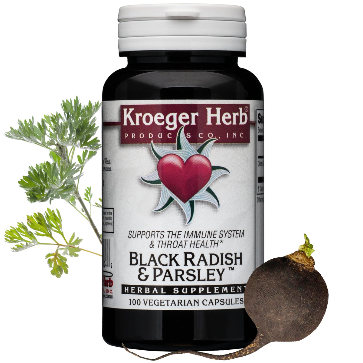 Kroeger Herb Products frasco frontal mostrando etiqueta clara y beneficios
