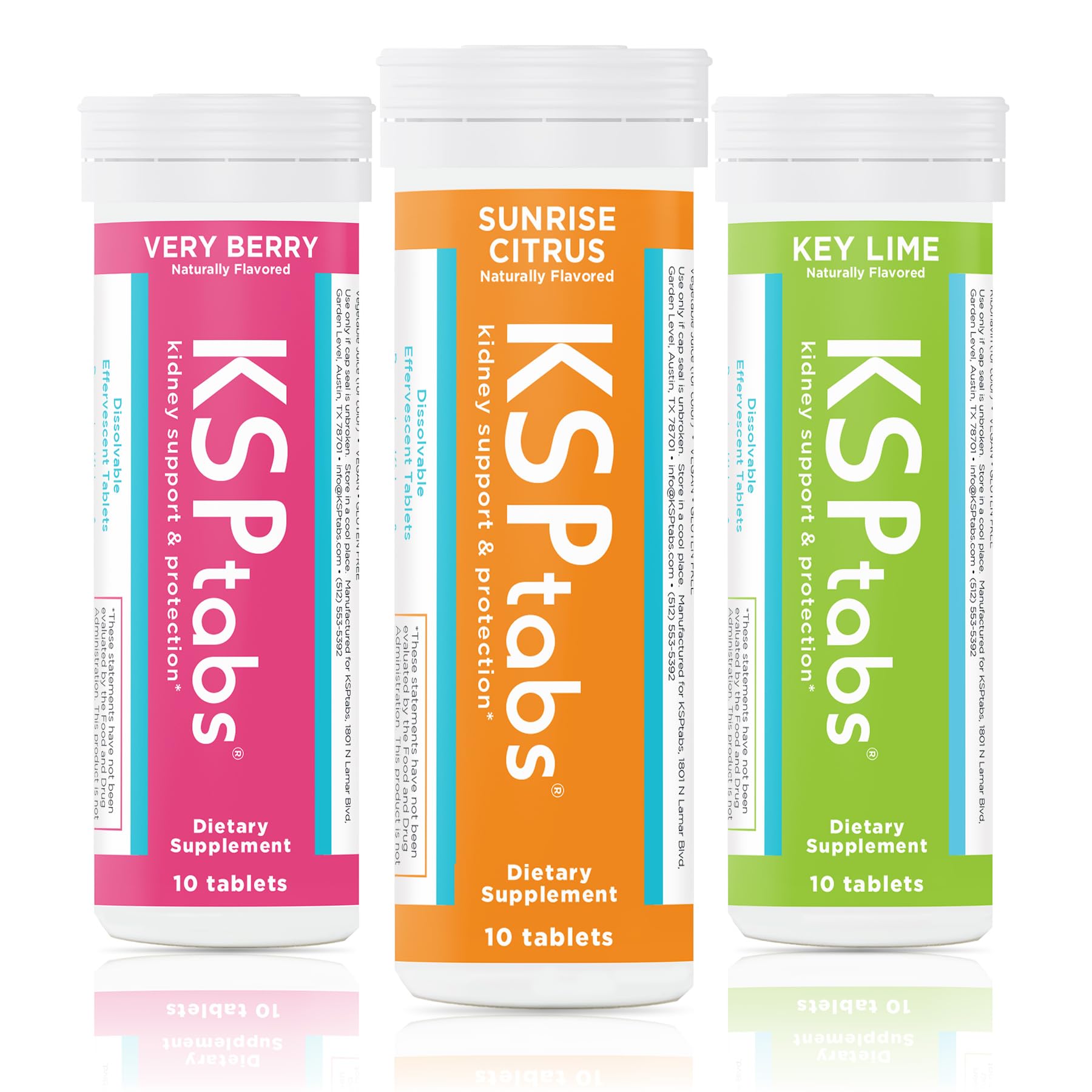 KSPtabs pack frontal mostrando sabores y beneficios de hidratación