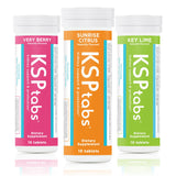 KSPtabs pack frontal mostrando sabores y beneficios de hidratación
