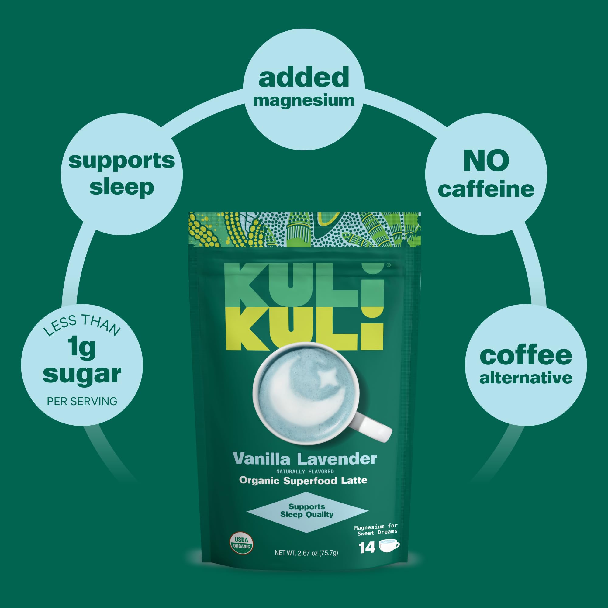Kuli Kuli tamaño del envase junto a una taza para referencia