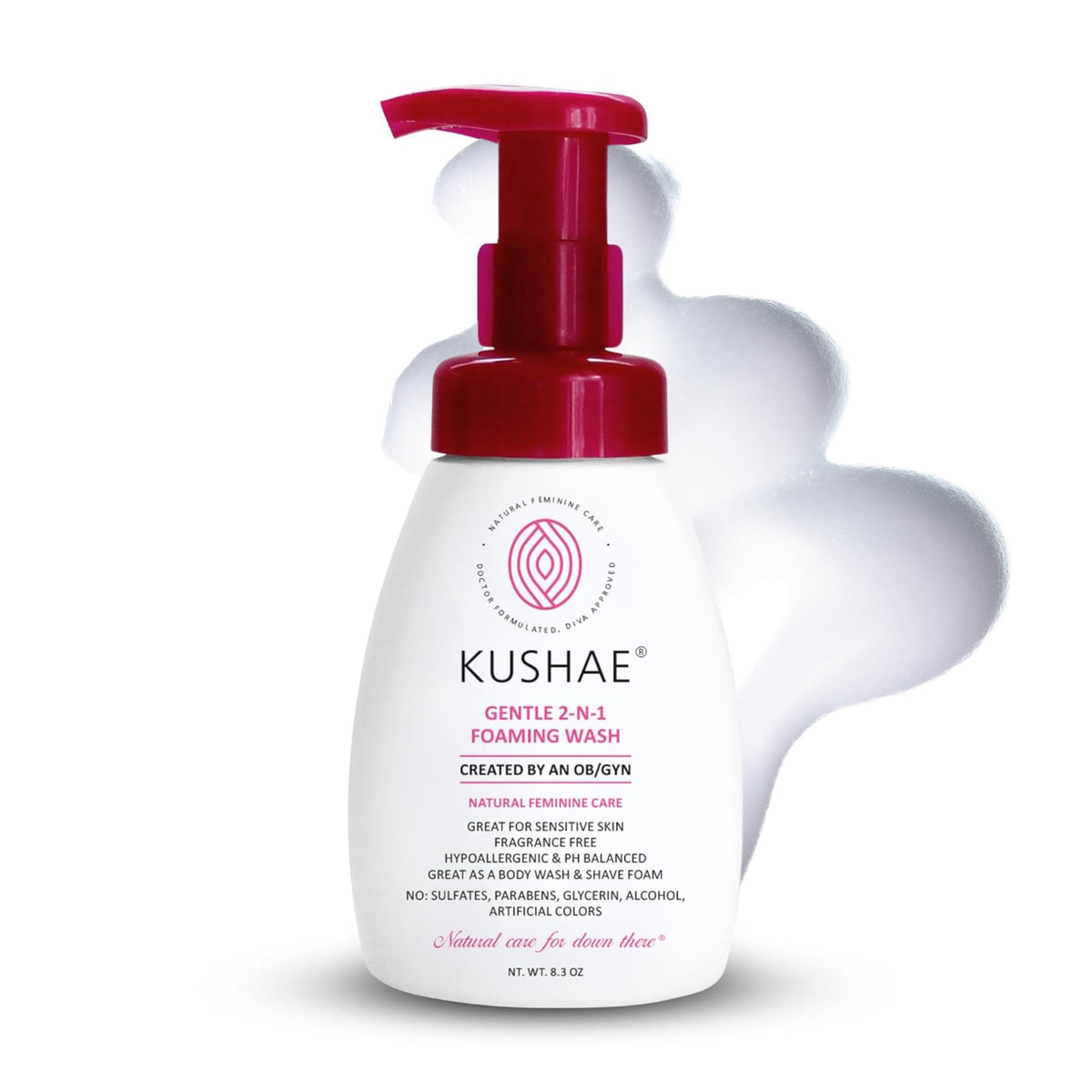 Kushae envase frontal mostrando diseño y beneficio de limpieza suave