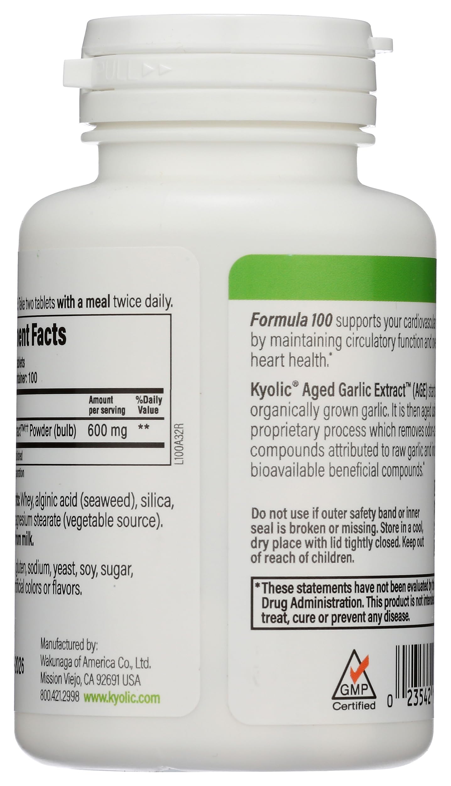Kyolic etiqueta nutricional detallada mostrando dosis y pureza.