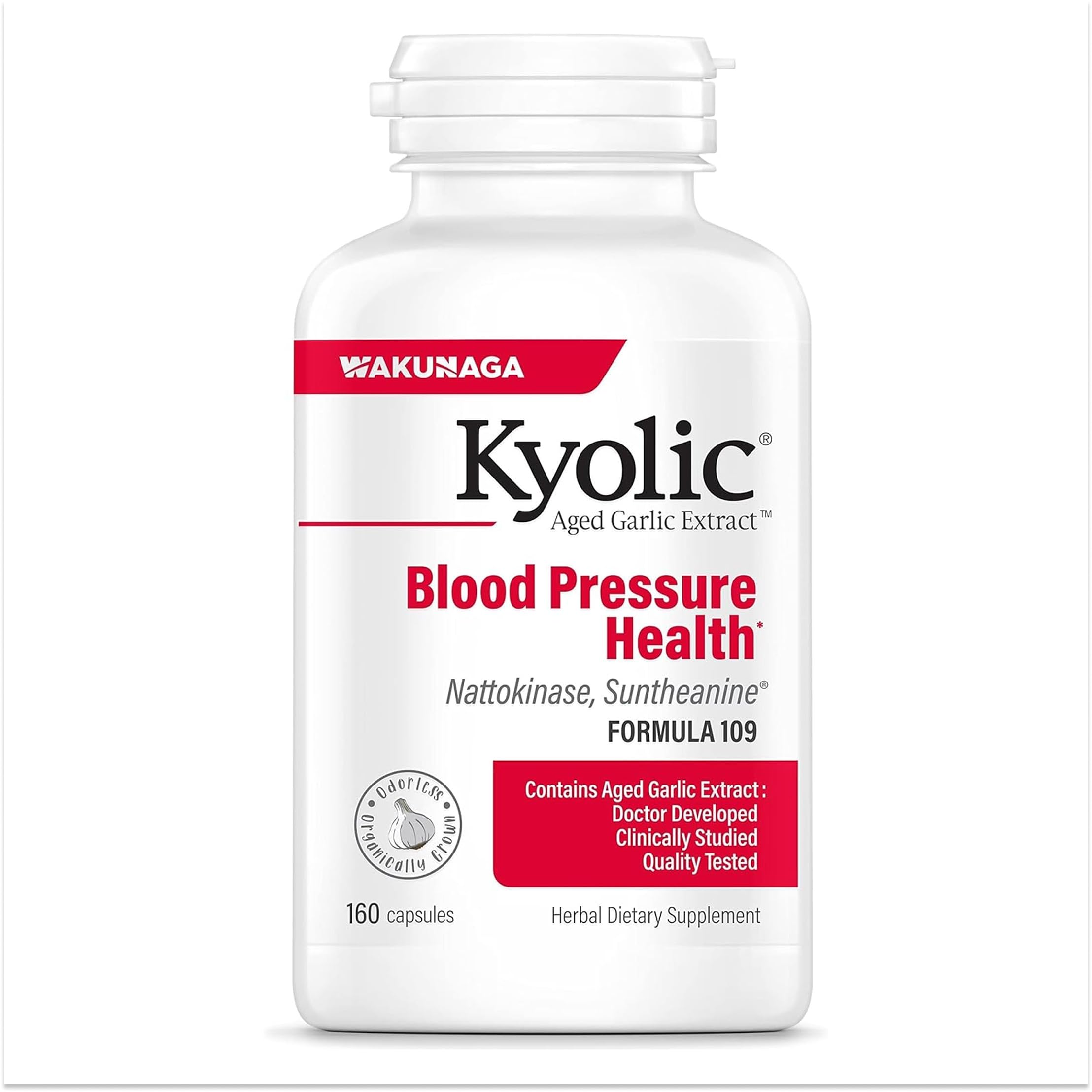 Kyolic Fórmula 109 vista frontal que muestra el envase y beneficio cardiovascular