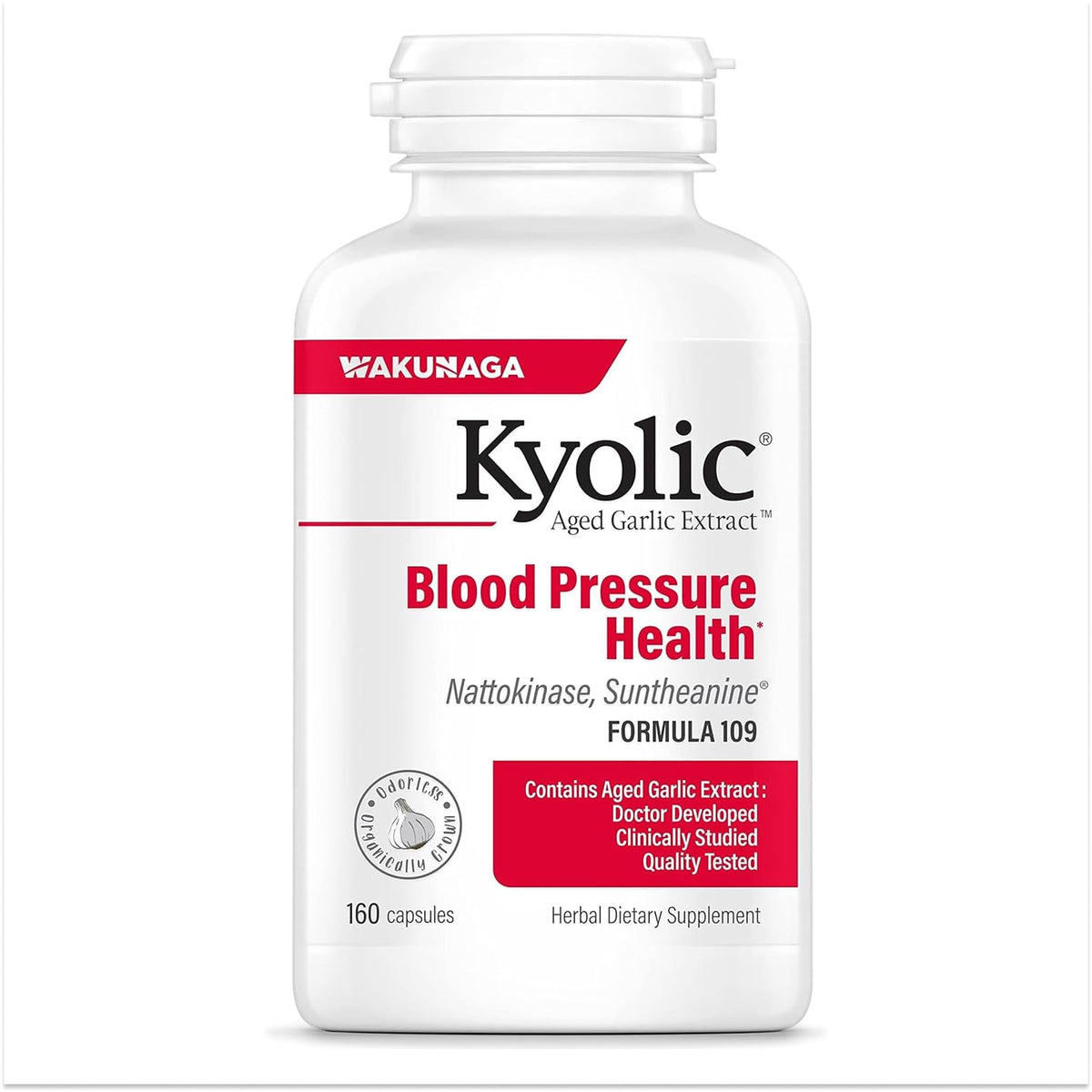 Kyolic Fórmula 109 vista frontal que muestra el envase y beneficio cardiovascular