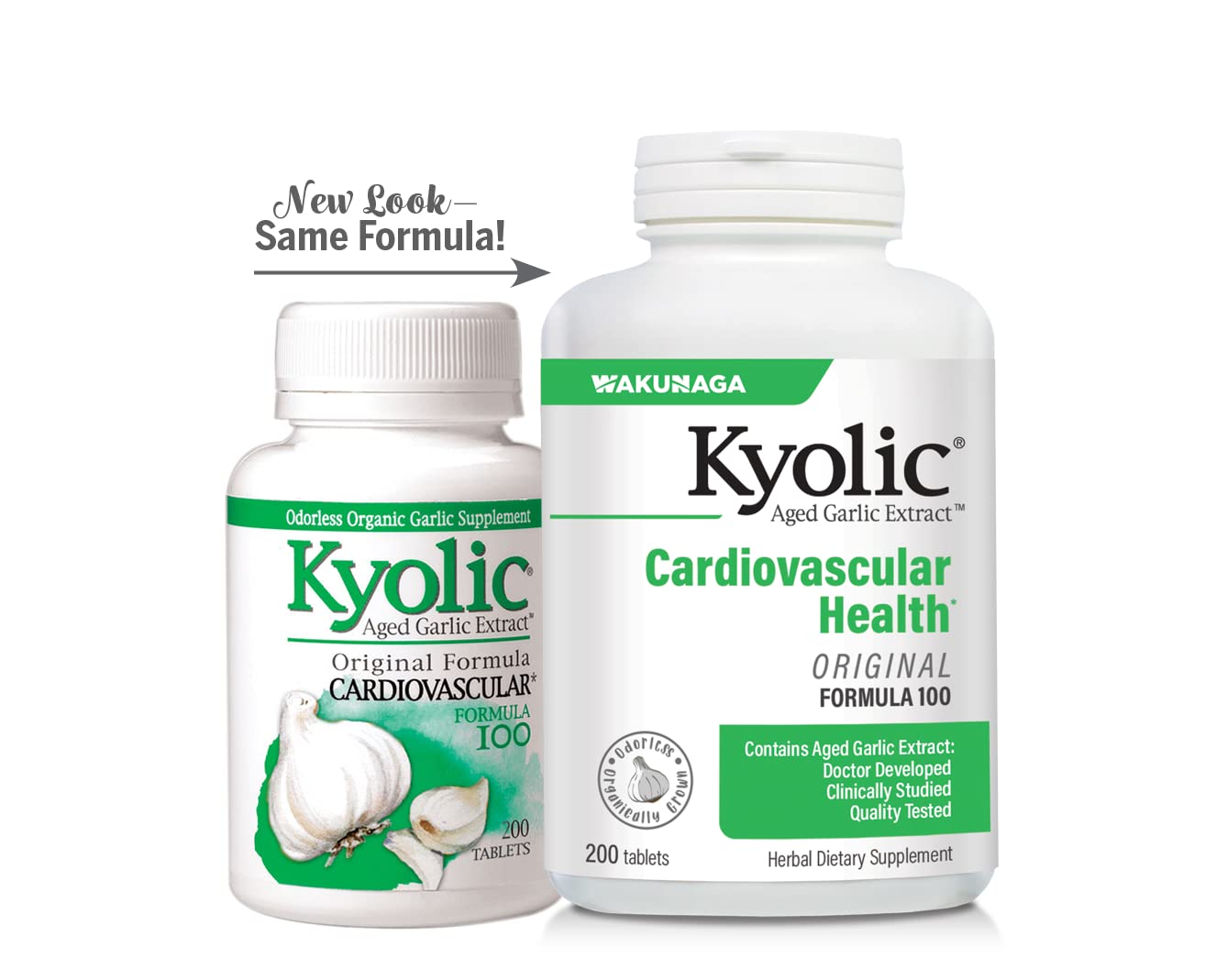 Kyolic frasco abierto con tabletas desplegadas para visualización del contenido.