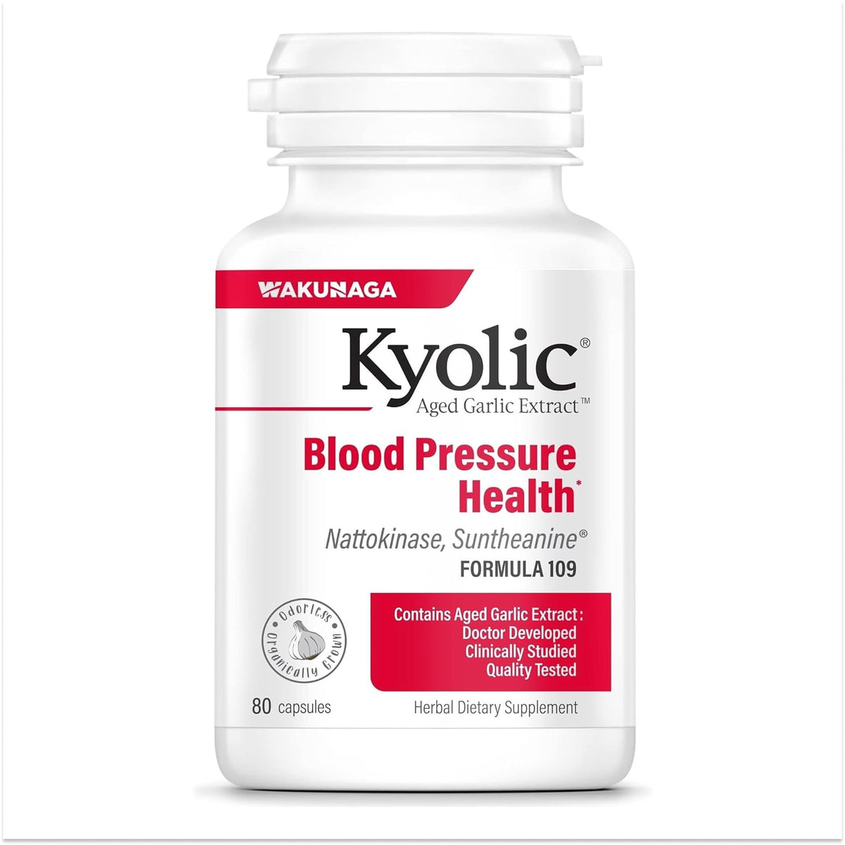 Kyolic frasco frontal mostrando etiqueta y beneficio para salud cardiovascular