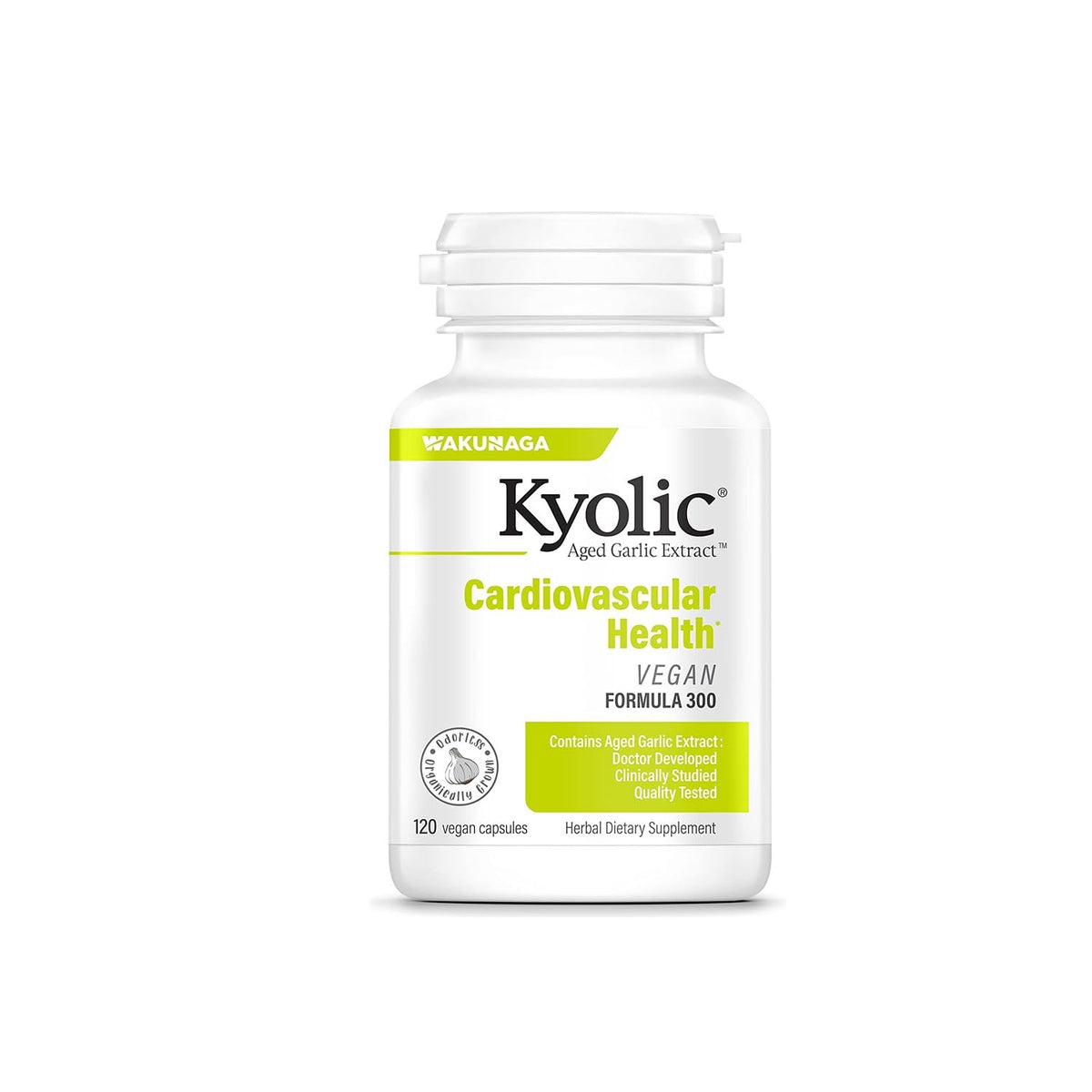 Kyolic frasco al frente mostrando el envase y beneficio de apoyo cardiovascular