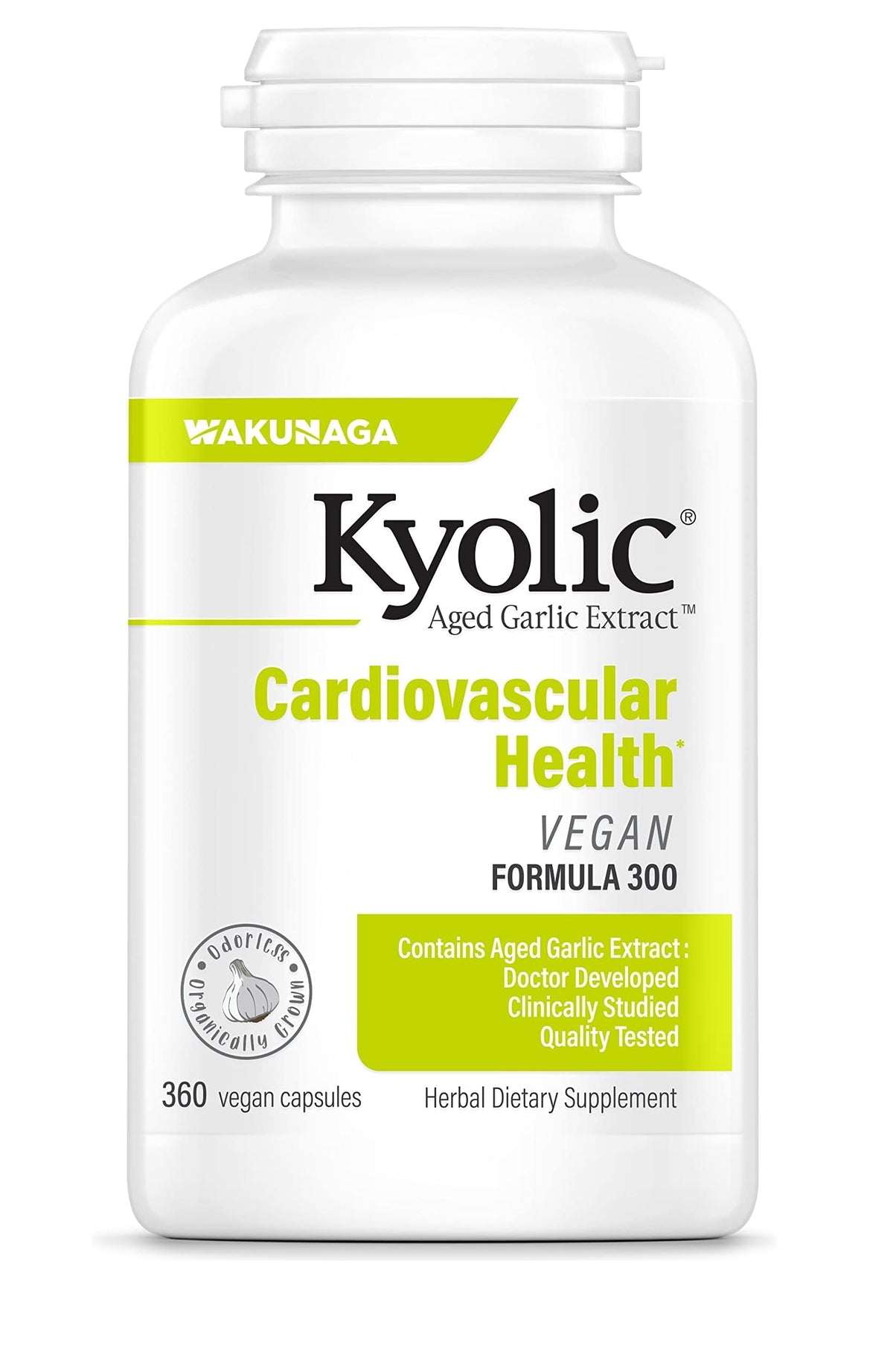 Kyolic frasco frontal mostrando etiqueta y beneficio cardiovascular