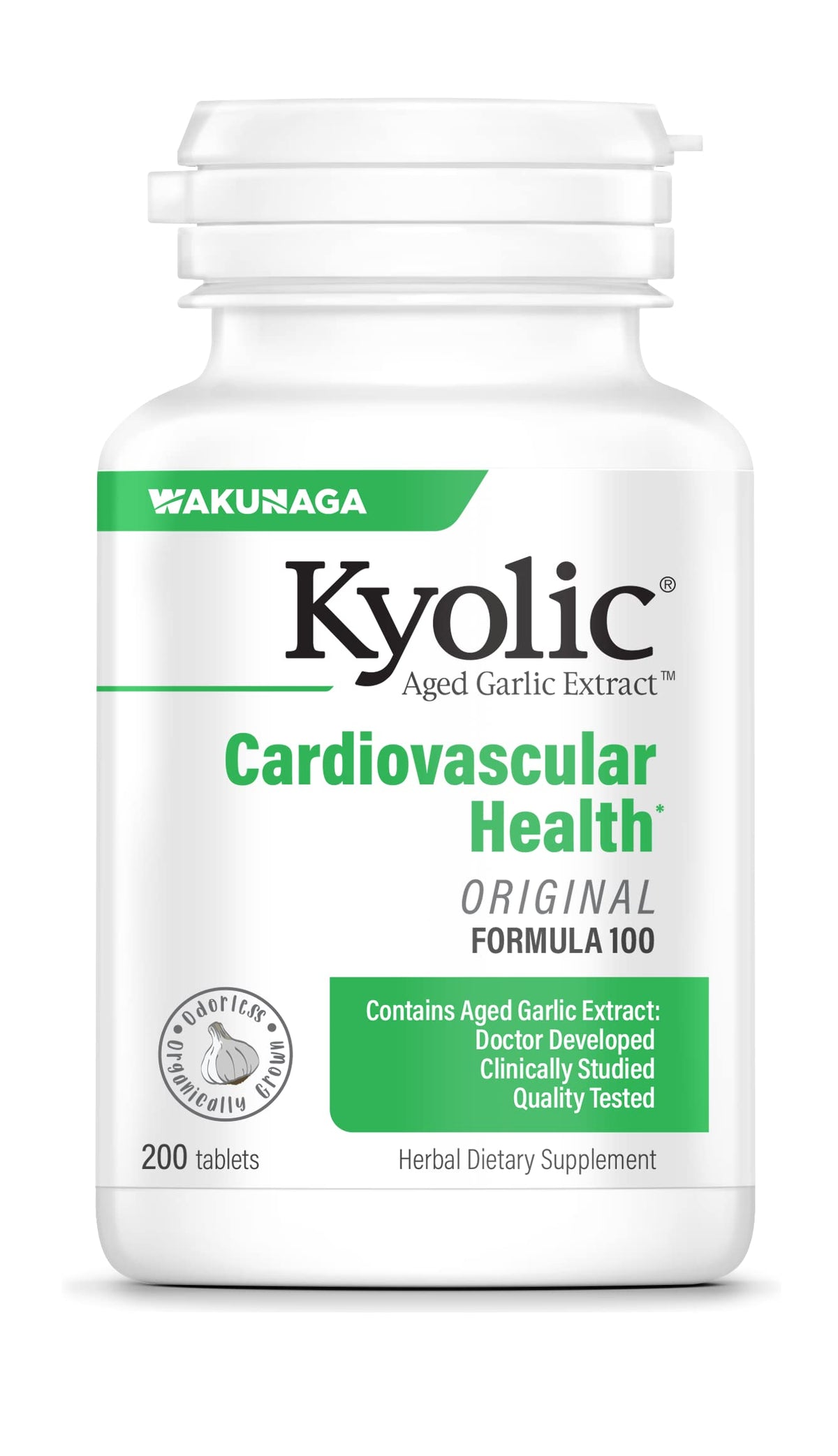 Kyolic frasco frontal mostrando la marca y cantidad, transmite confianza.