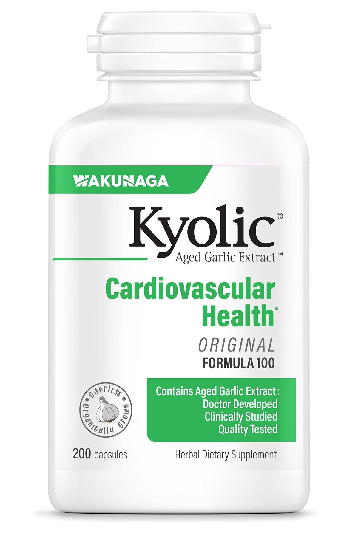Kyolic frente del empaque mostrando 200 cápsulas, beneficio confianza y calidad