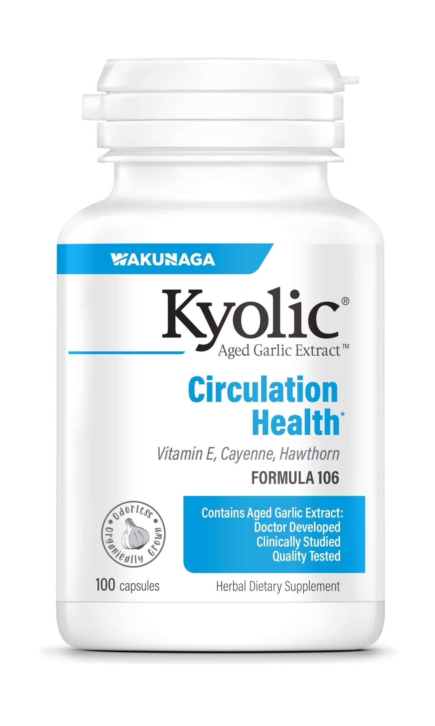 Kyolic envase Fórmula 106 frontal mostrando marca y beneficio circulatorio