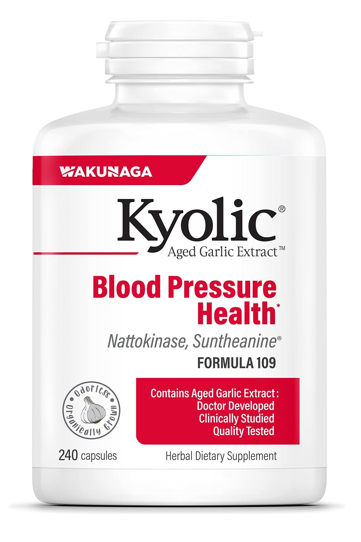 Kyolic envase Formula 109 frontal mostrando 240 cápsulas y beneficio apoyo cardiovascular
