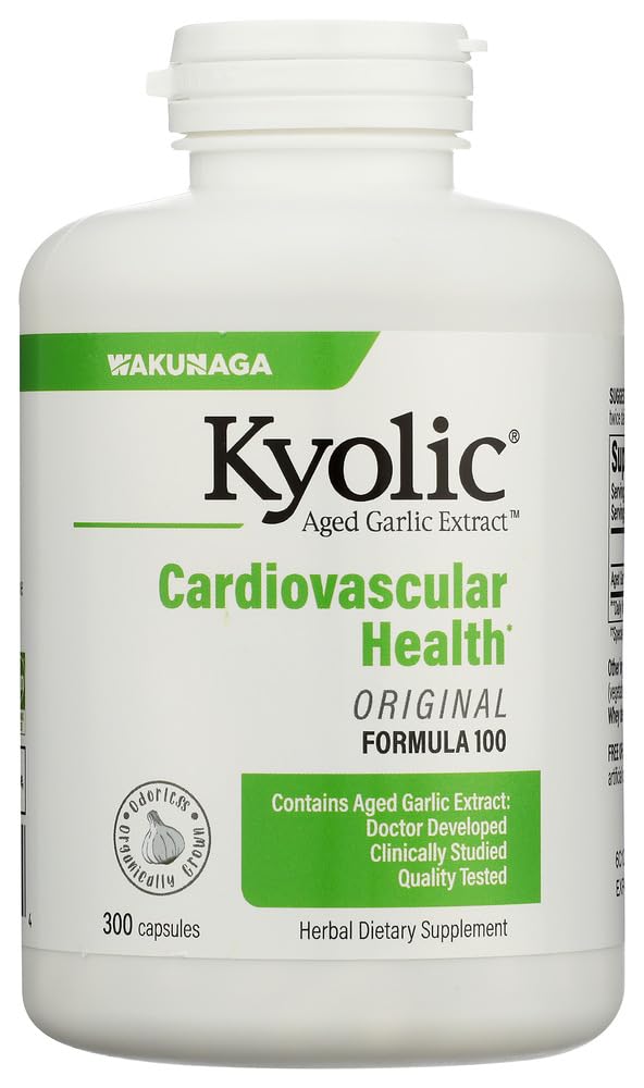 Kyolic vista frontal del envase mostrando 300 cápsulas y beneficios