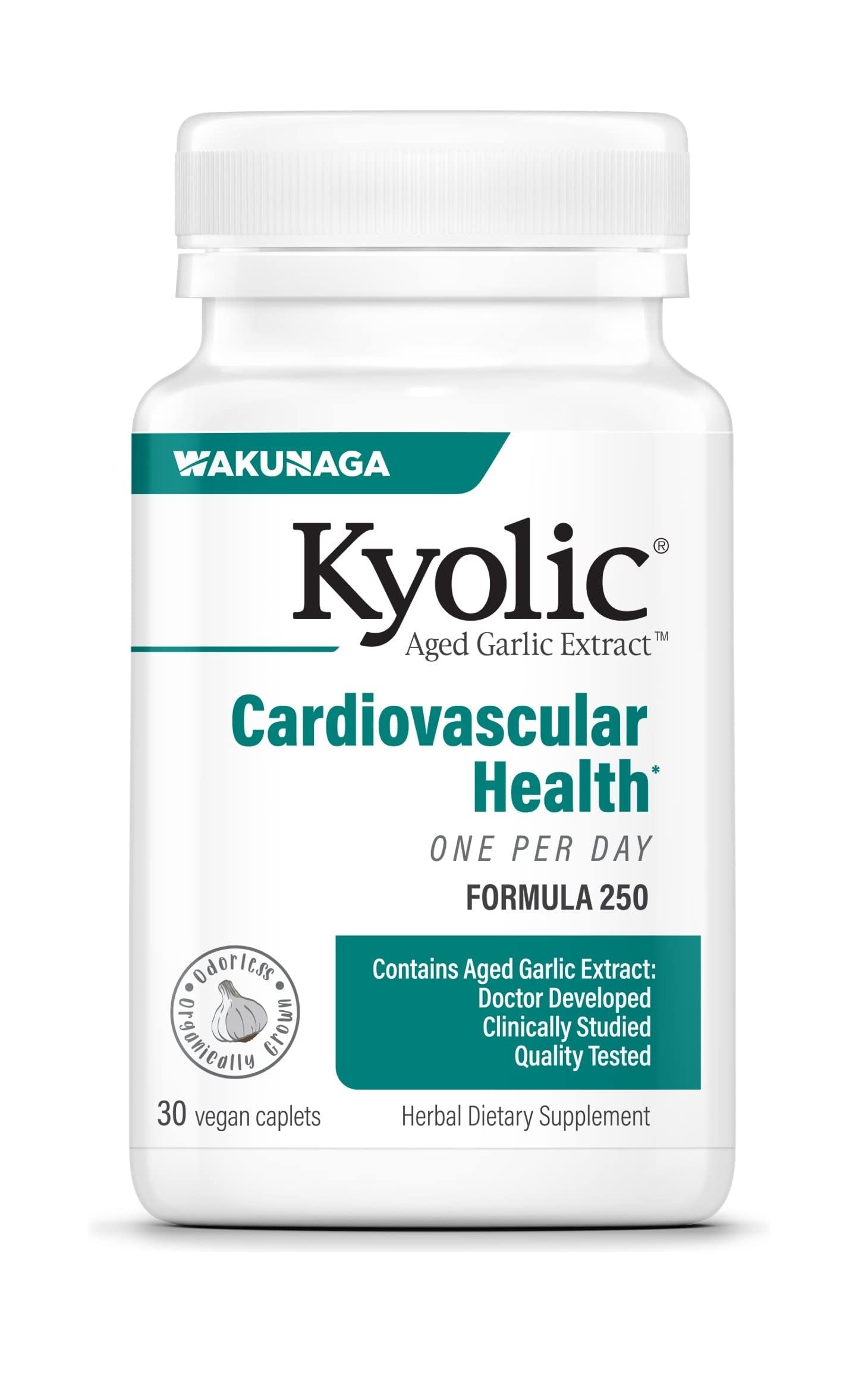 Kyolic frente del envase mostrando 30 caplets y beneficio cardiovascular
