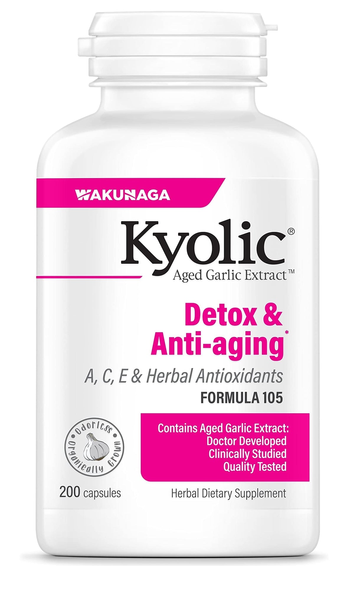 Kyolic envase frontal Formula 105 mostrando etiqueta y beneficios