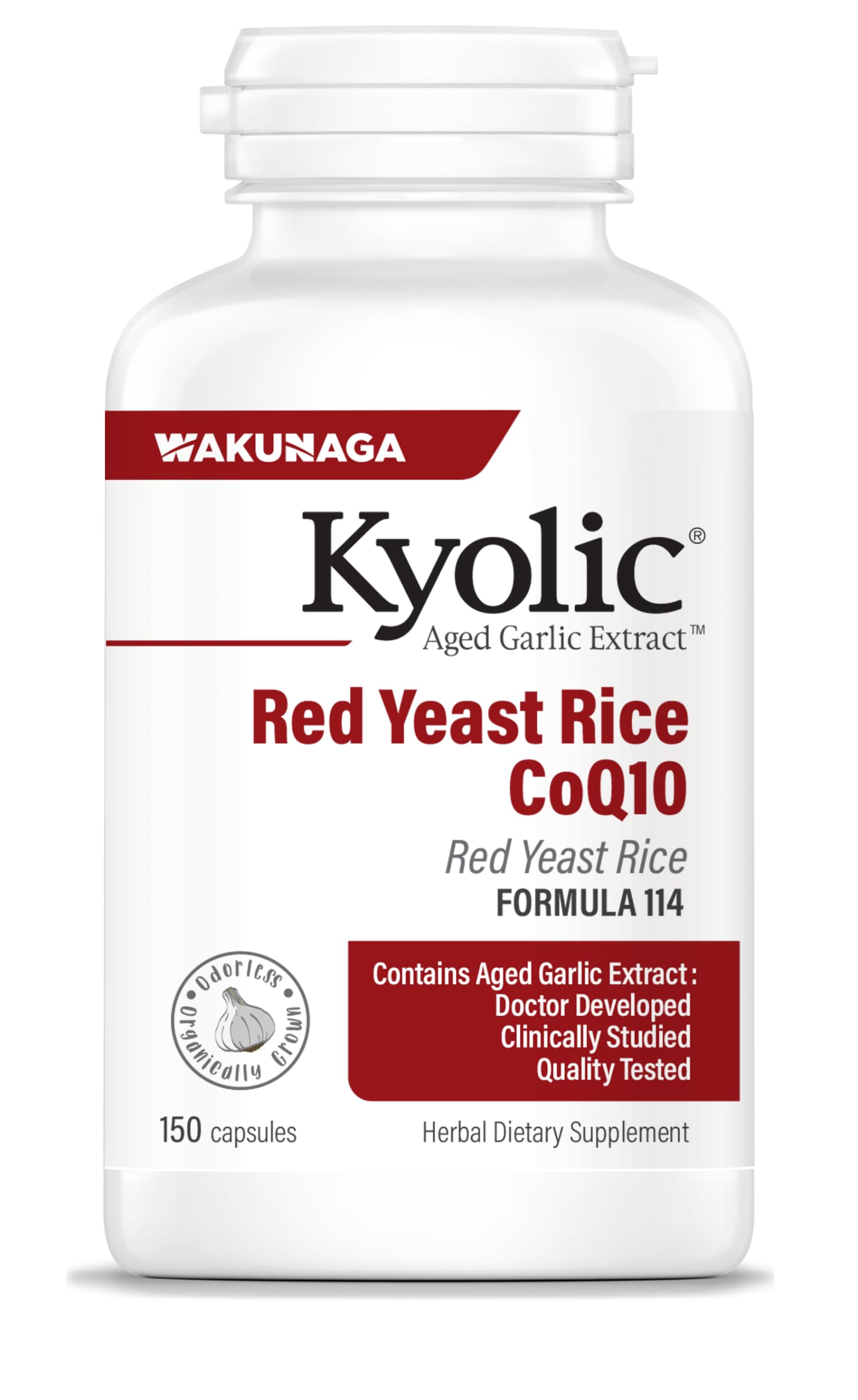 Kyolic envase frontal Formula 114 mostrando la etiqueta y beneficios clave