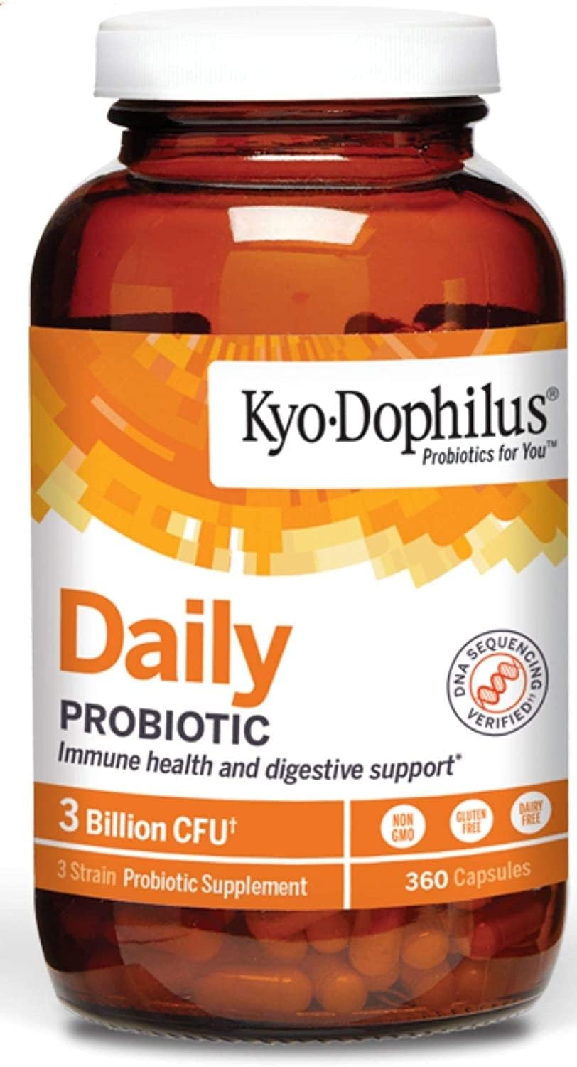 Kyolic Kyo-Dophilus frente del envase mostrando 360 cápsulas y conveniencia diaria