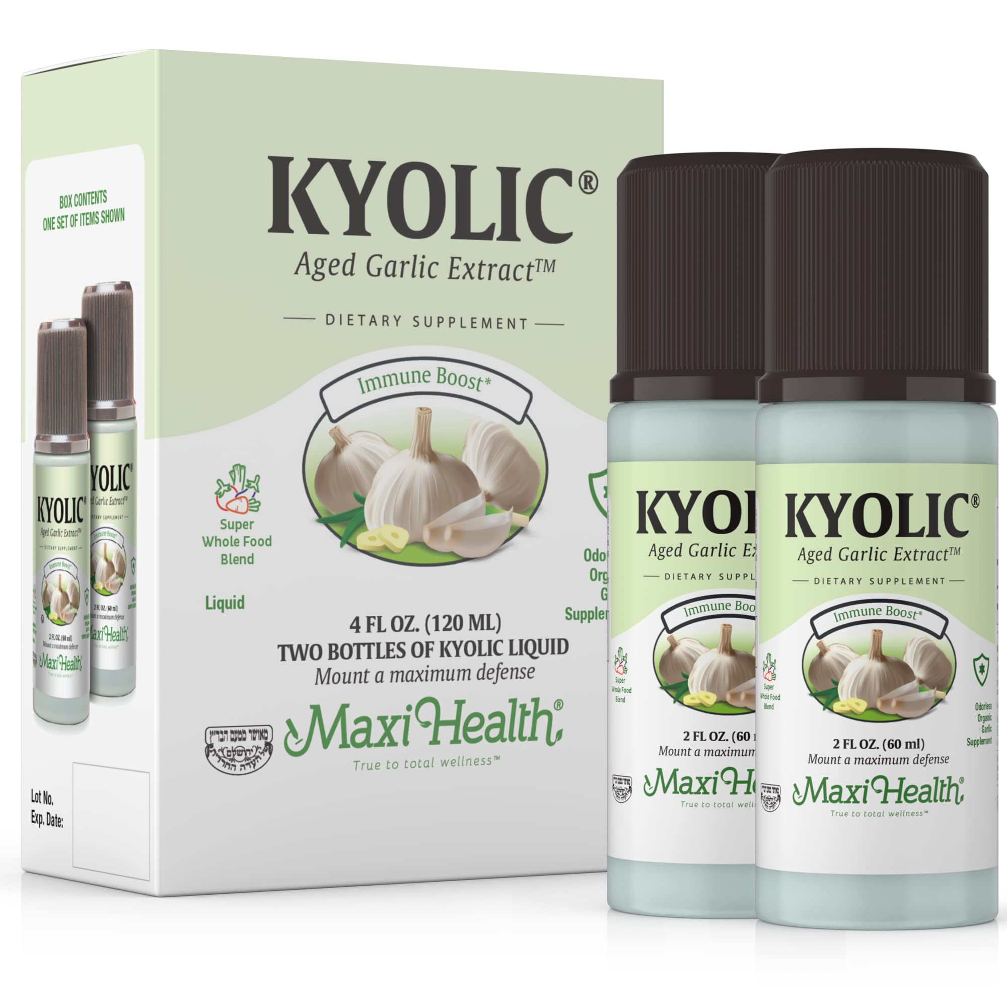 Maxi Health Kyolic etiqueta con certificaciones koshrut y orgánico visible