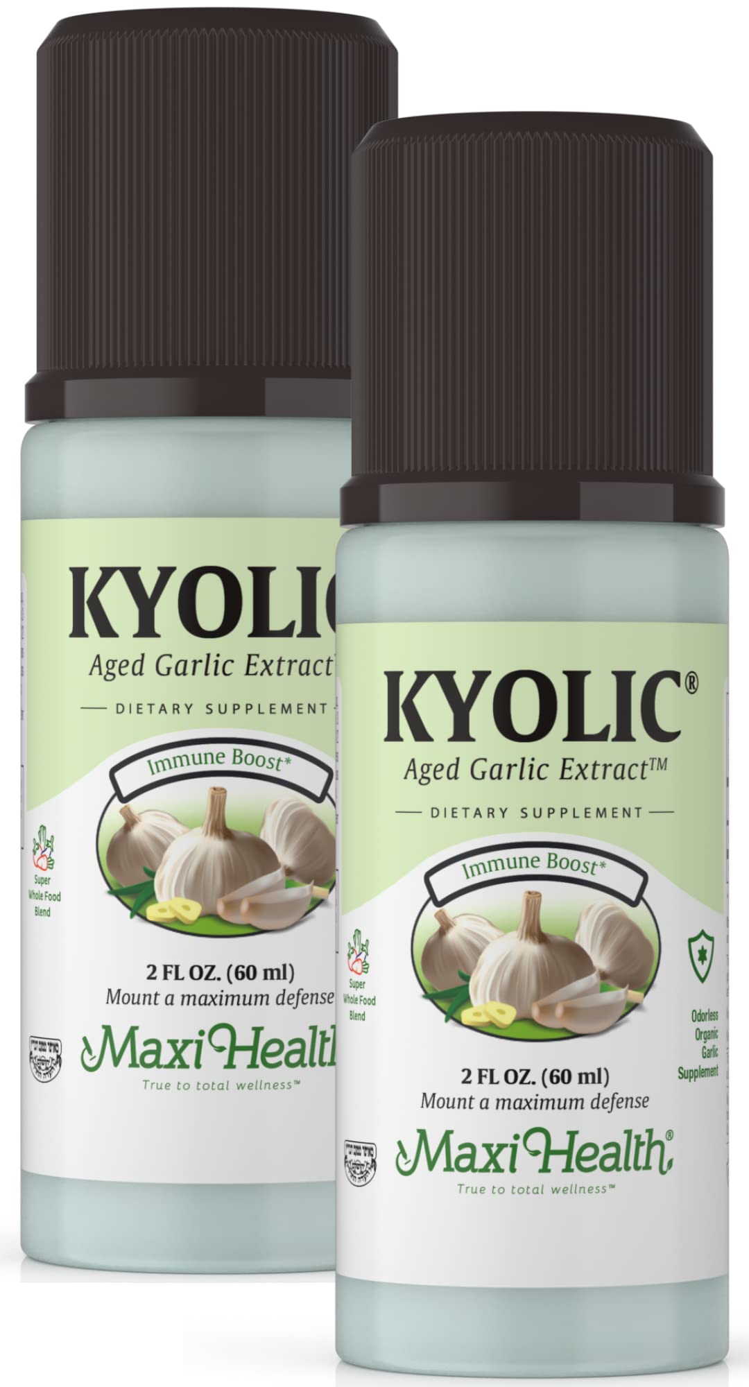 Maxi Health Kyolic envase frontal mostrando el 2 pack y ventaja sin olor