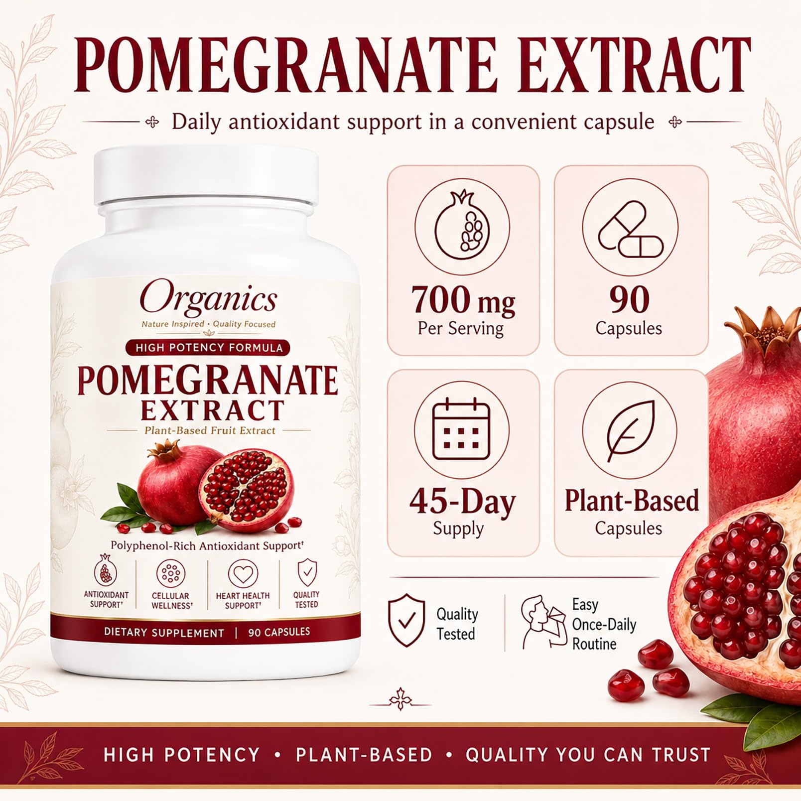 KYZTMHC frasco junto a granadas frescas en entorno natural sugiriendo pureza orgánica