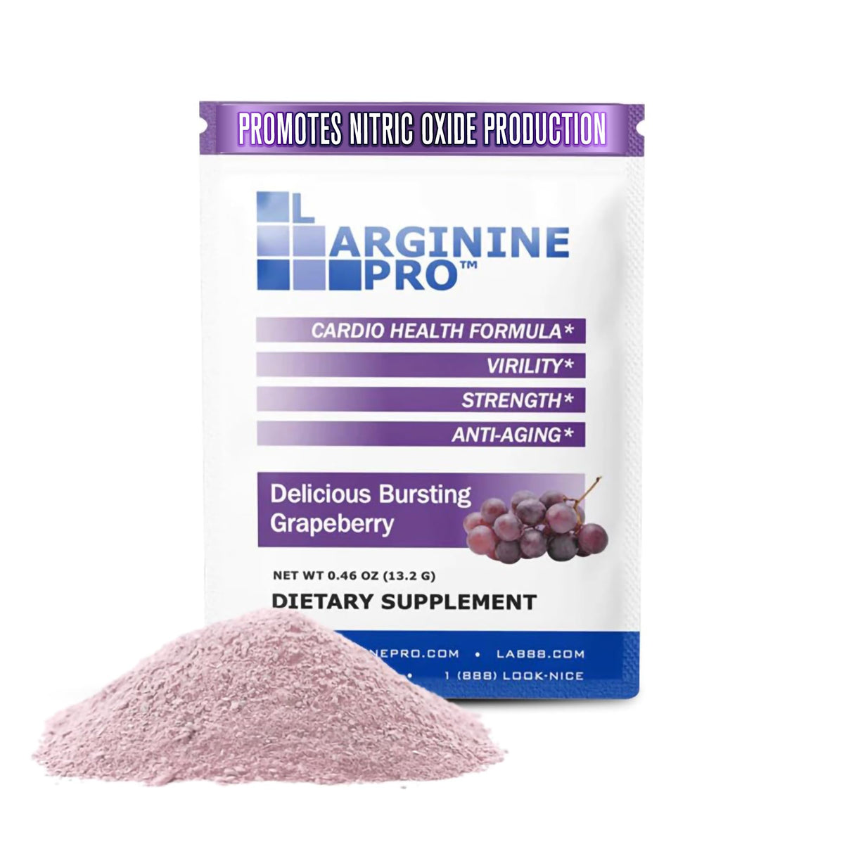L-ARGININE PRO frontal del envase mostrando sabor uva y conveniencia