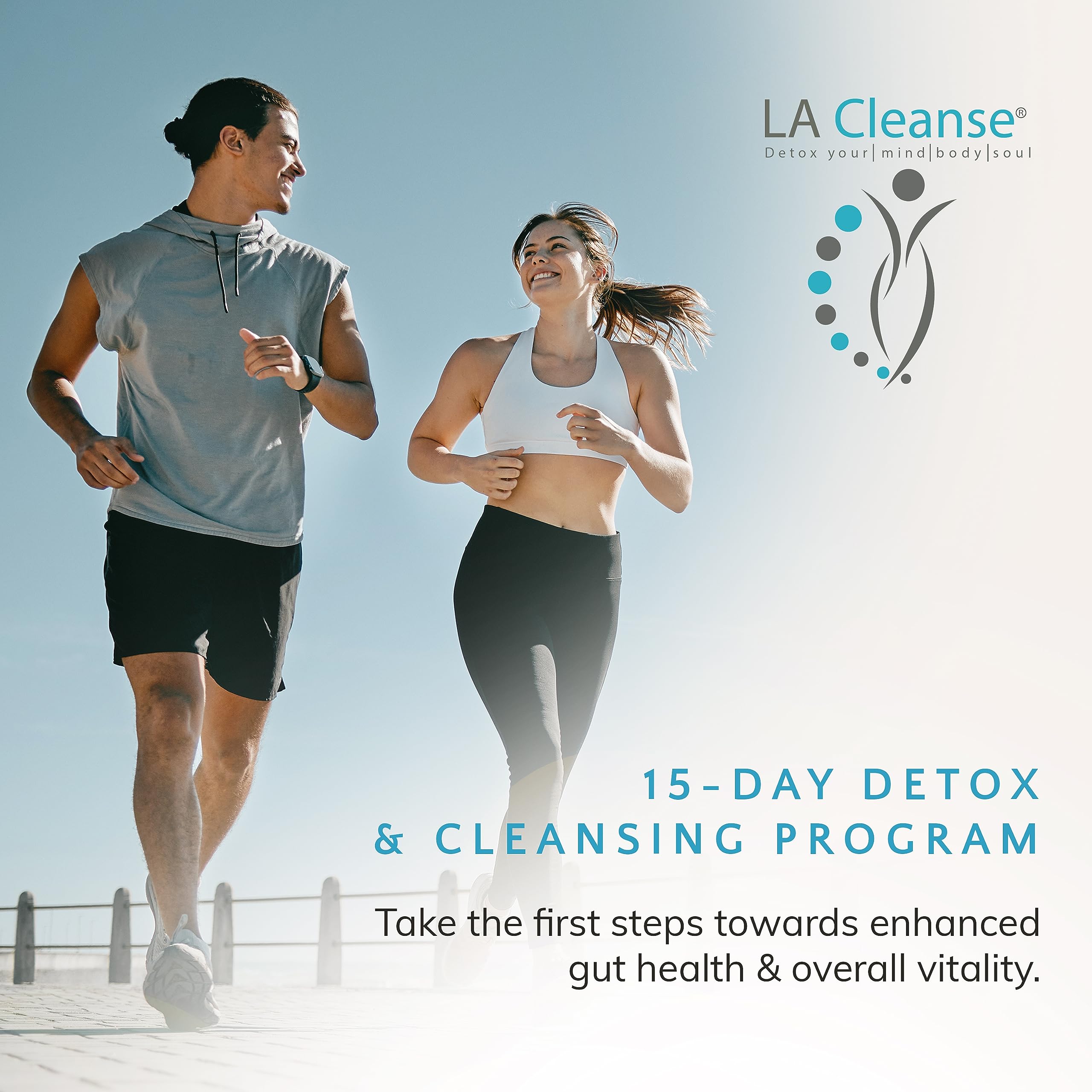 LA Cleanse botella abierta junto a caja, facilidad de almacenamiento