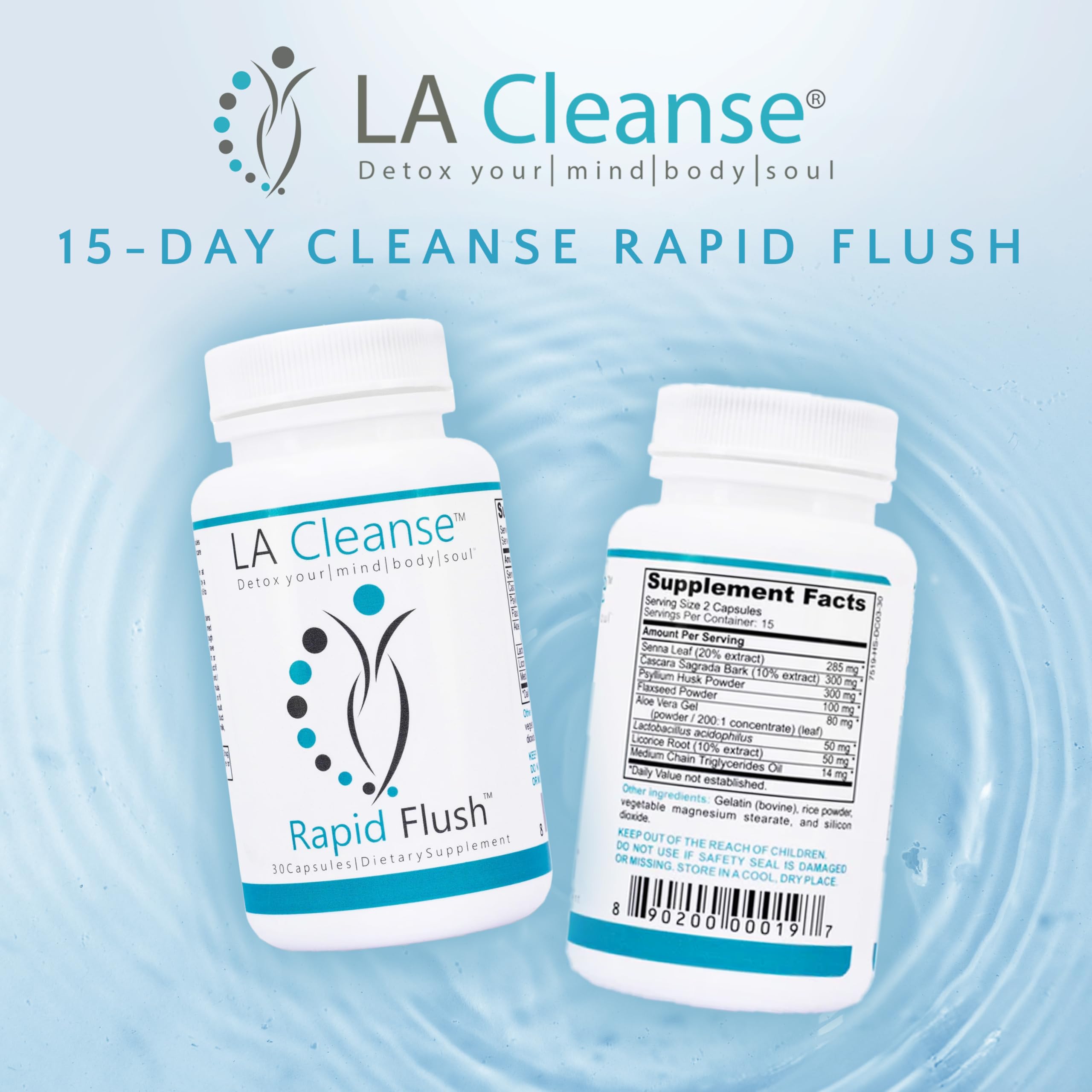 LA Cleanse cápsulas en primer plano, textura clara y facilidad de uso