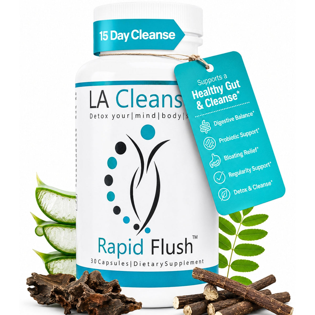 LA Cleanse empaque frontal mostrando 15 días y beneficio depuración