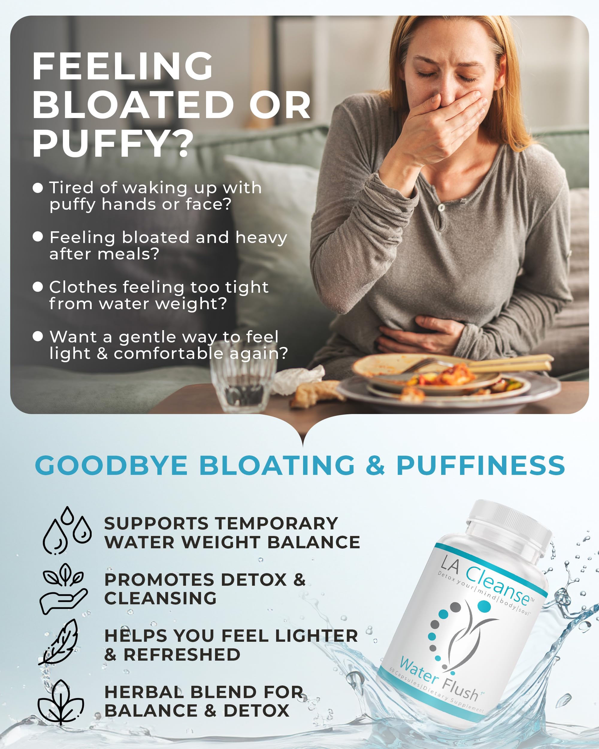 LA Cleanse Water Flush caja abierta con cápsulas visible para referencia de contenido