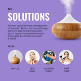 LAB BULKS ESSENTIAL OIL bote junto a difusor funcionando para aroma duradero
