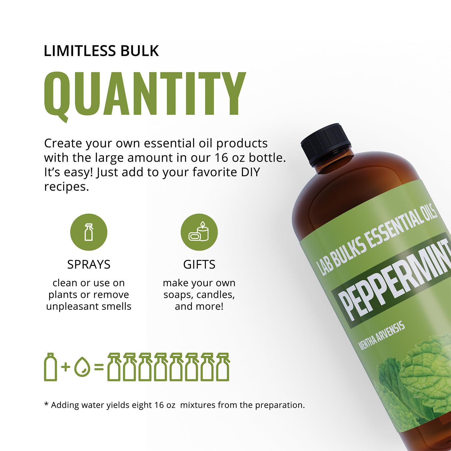 Lab Bulks Essential Oil menta comparación de tamaño 16 oz para uso frecuente