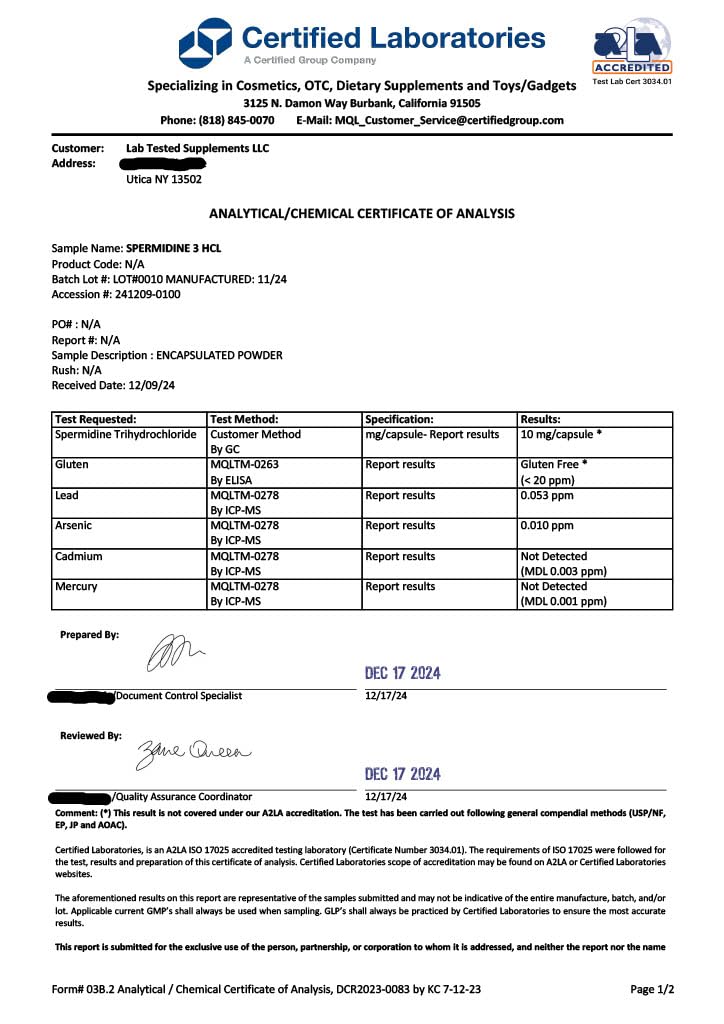 Lab Tested Supplements etiqueta de lote y fecha con COA accesible para seguridad