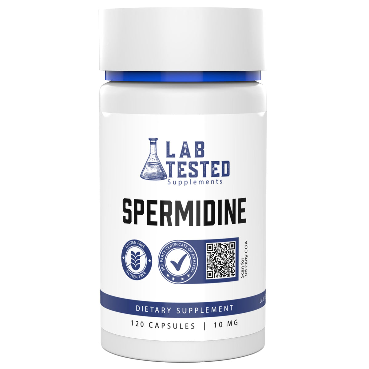 Lab Tested Supplements frasco frontal mostrando 120 cápsulas y transparencia de marca