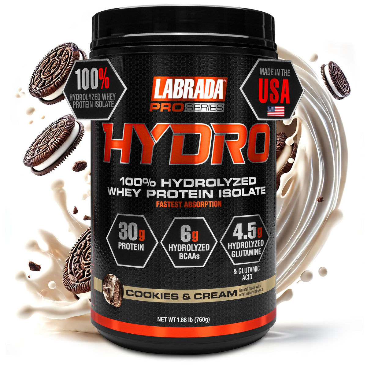 Labrada envase frontal Cookies & Cream mostrando pureza y sabor