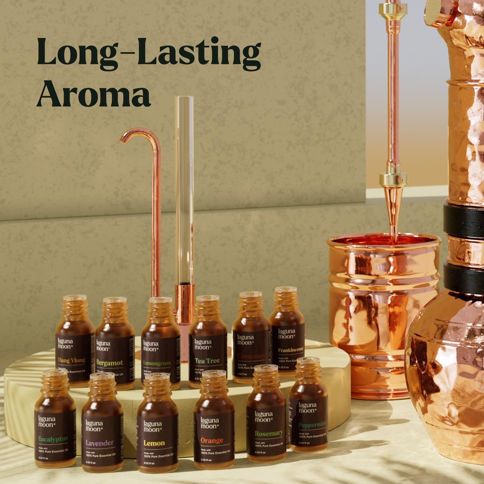 Lagunamoon etiqueta cercana destacando pureza y nombre del aceite