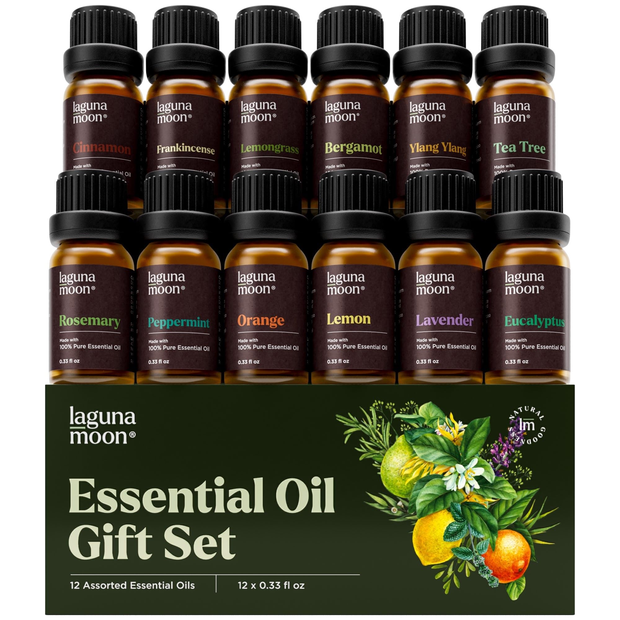Lagunamoon set frontal mostrando 12 frascos, ideal para empezar aromaterapia