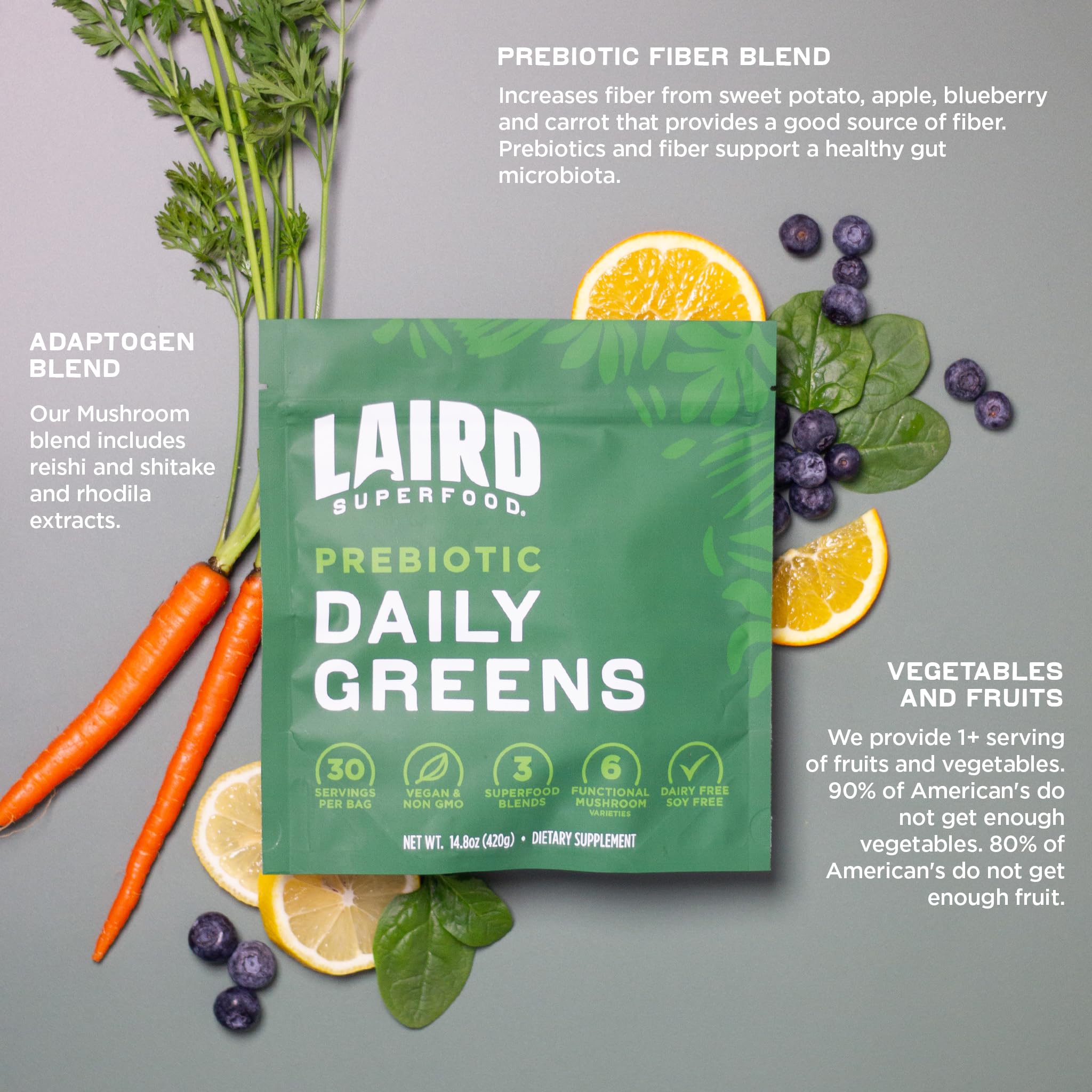 Laird Superfood etiqueta con lista de ingredientes y beneficios visibles